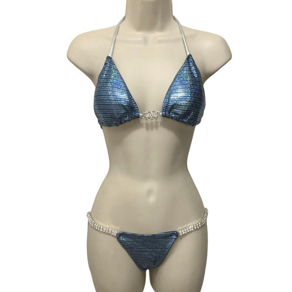 Ravish Sands Competition NPC Bikini Blue Holographic Crystal Rhinestone Set